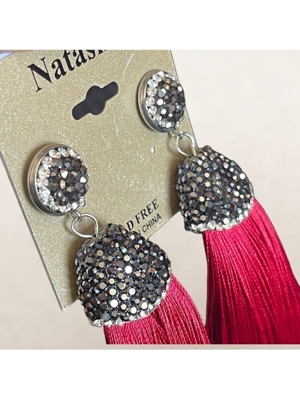 Natasha red tassel long rhinestones statement earrings